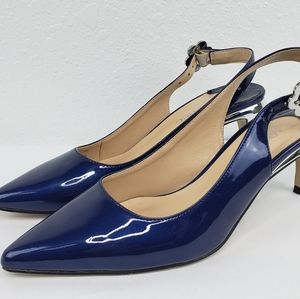 J. Renee Pearla Navy Faux Patent Lthr Slingbacks 8